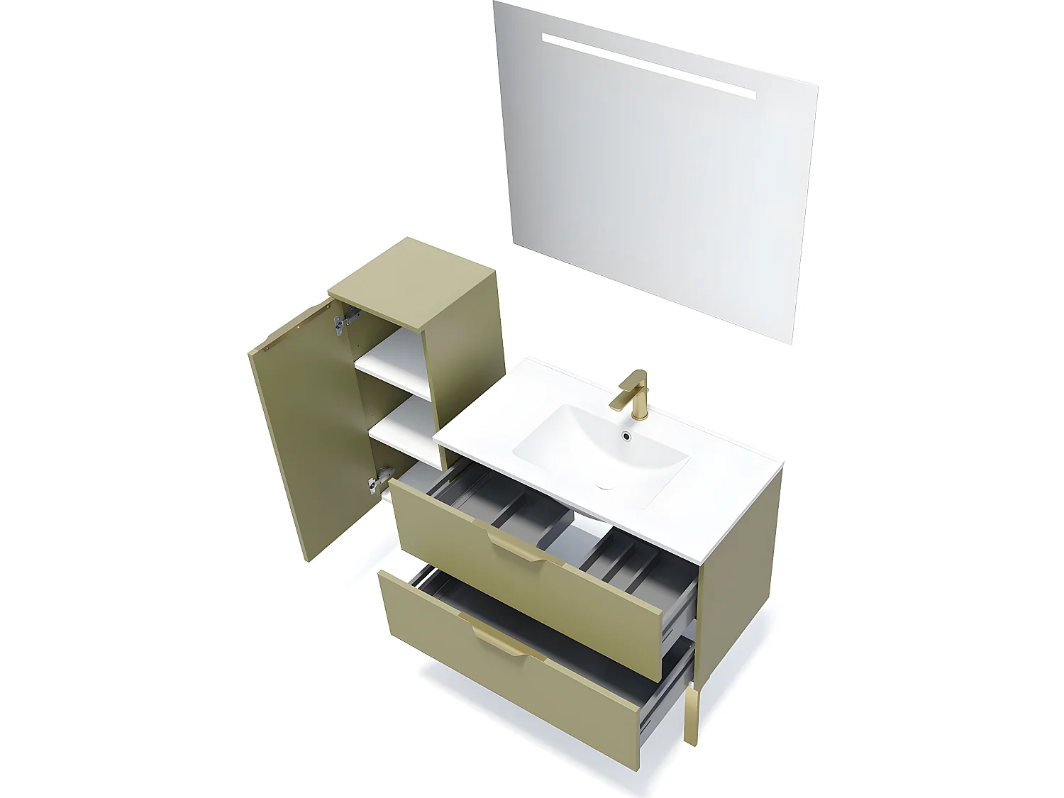Meuble de salle de bain suspendu vasque intégrée 90cm 2 tiroirs Vert olive + miroir + colonne ouverture gauche - Venice