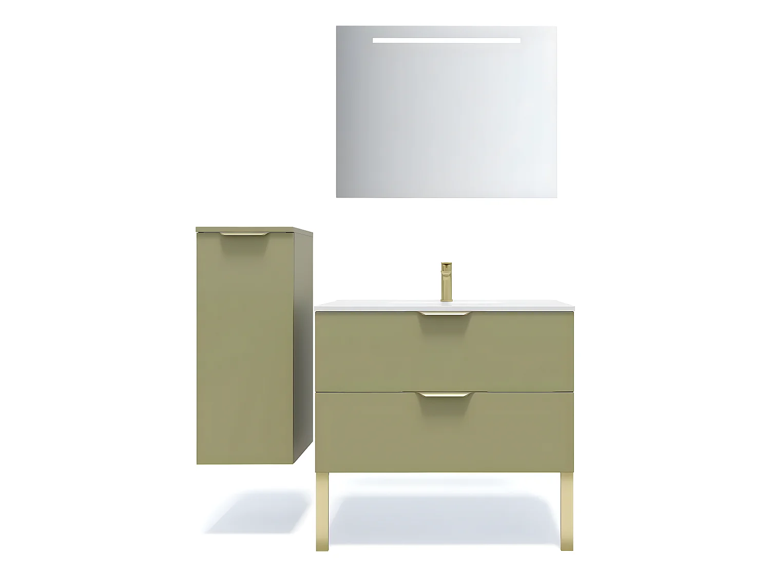 Meuble de salle de bain suspendu vasque intégrée 90cm 2 tiroirs Vert olive + miroir + colonne ouverture gauche - Venice