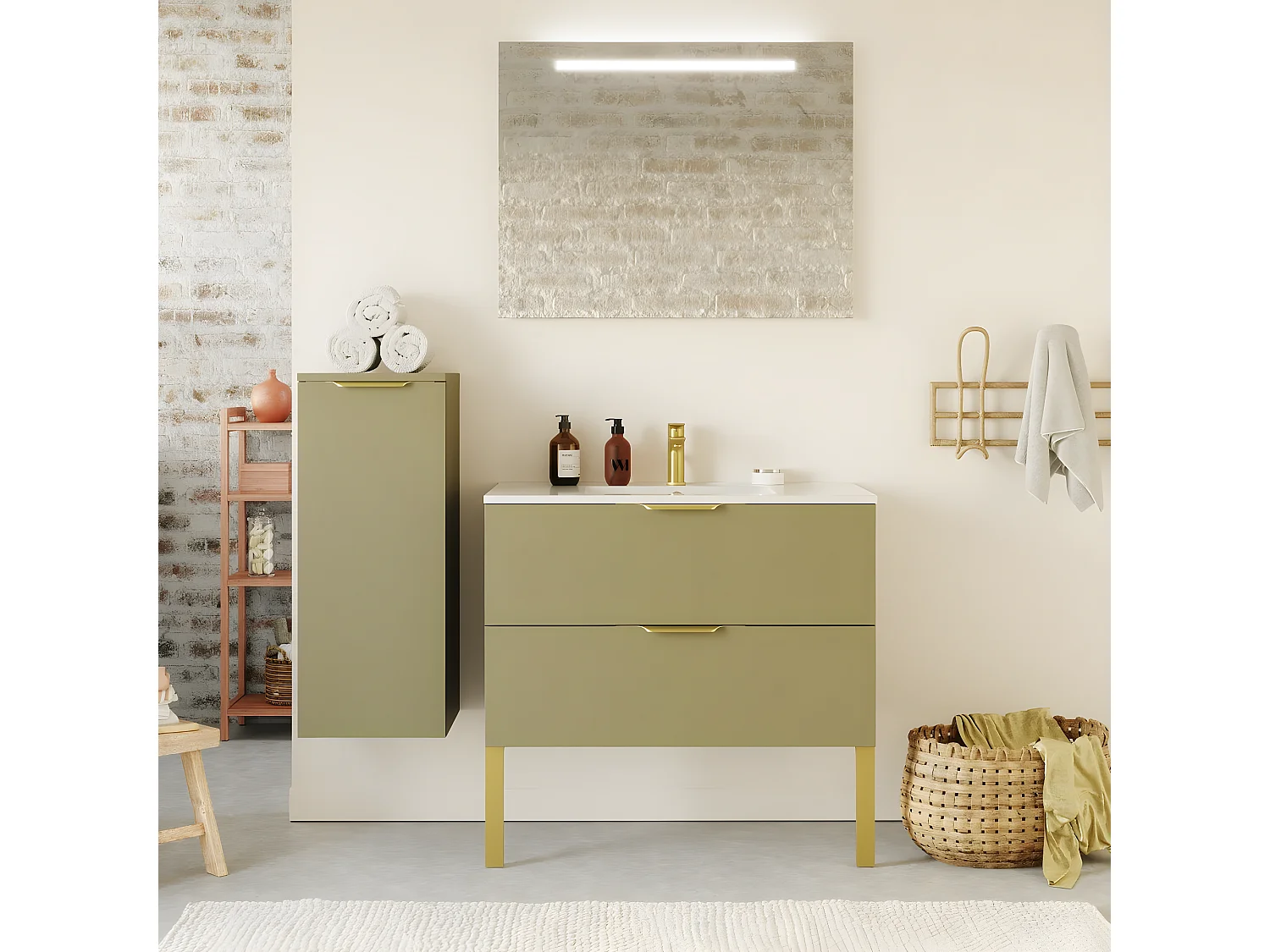 Meuble de salle de bain suspendu vasque intégrée 90cm 2 tiroirs Vert olive + miroir + colonne ouverture gauche - Venice