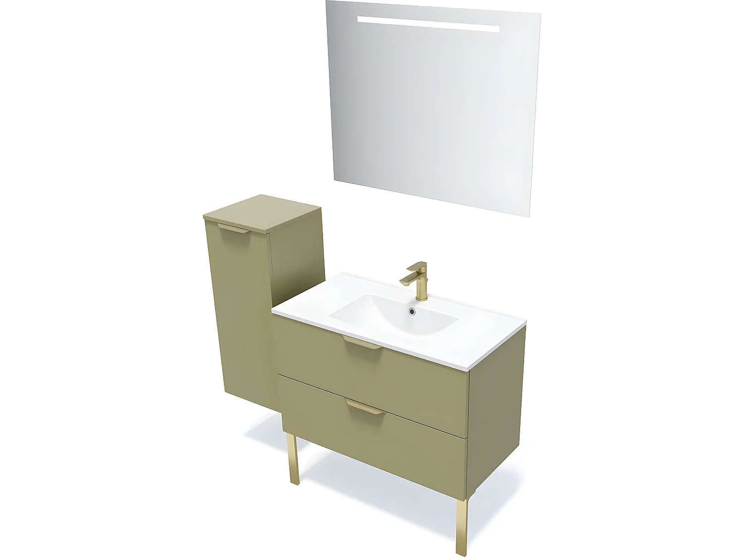 Meuble de salle de bain suspendu vasque intégrée 90cm 2 tiroirs Vert olive + miroir + colonne ouverture gauche - Venice
