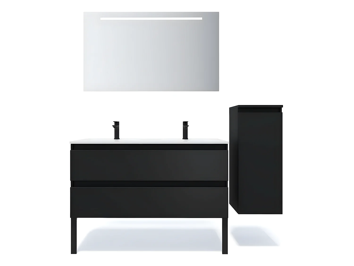 Meuble de salle de bain suspendu double vasque intégrée 120cm 2 tiroirs Noir + miroir + colonne ouverture droite - Hudson