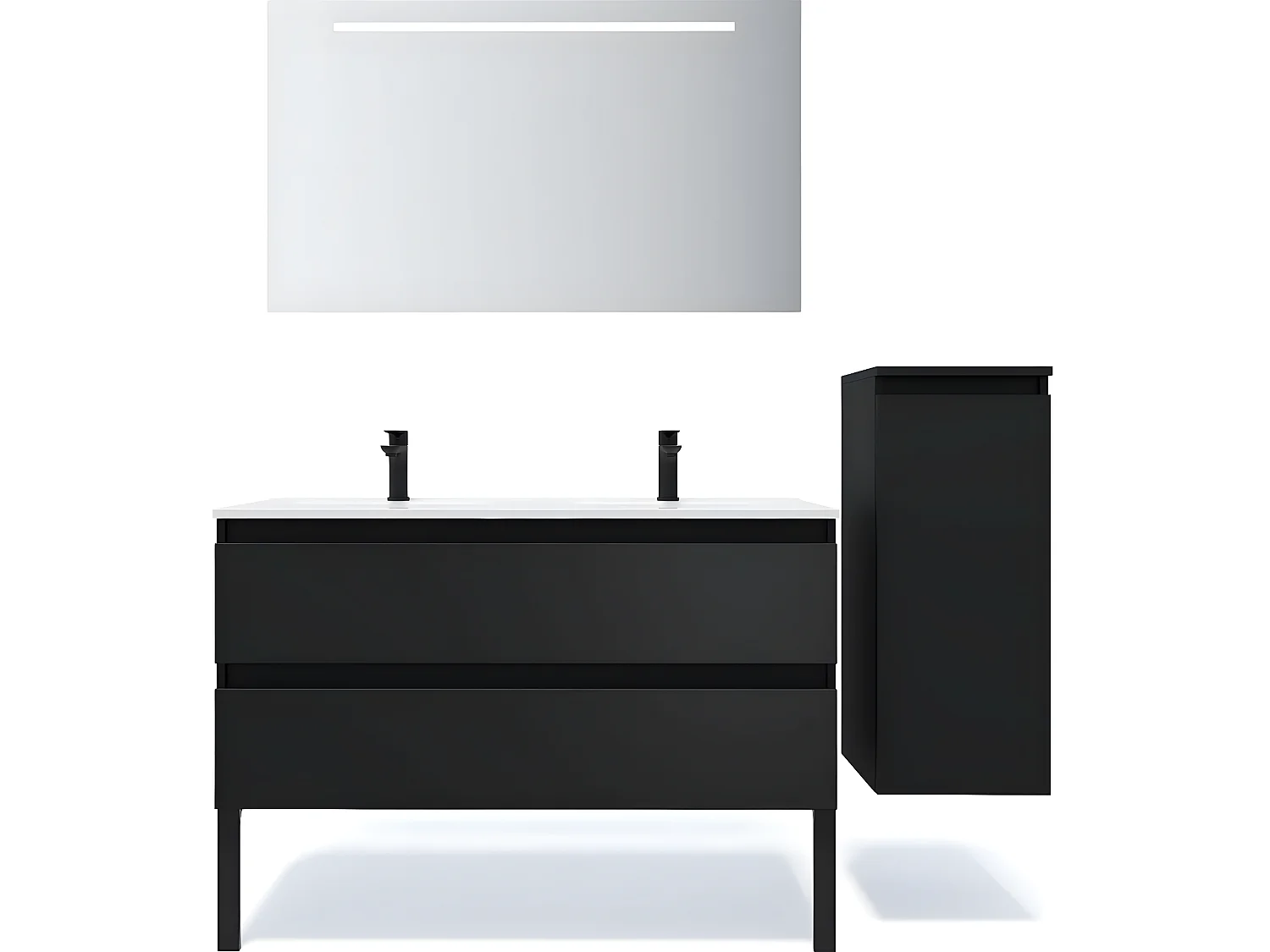 Meuble de salle de bain suspendu double vasque intégrée 120cm 2 tiroirs Noir + miroir + colonne ouverture droite - Hudson