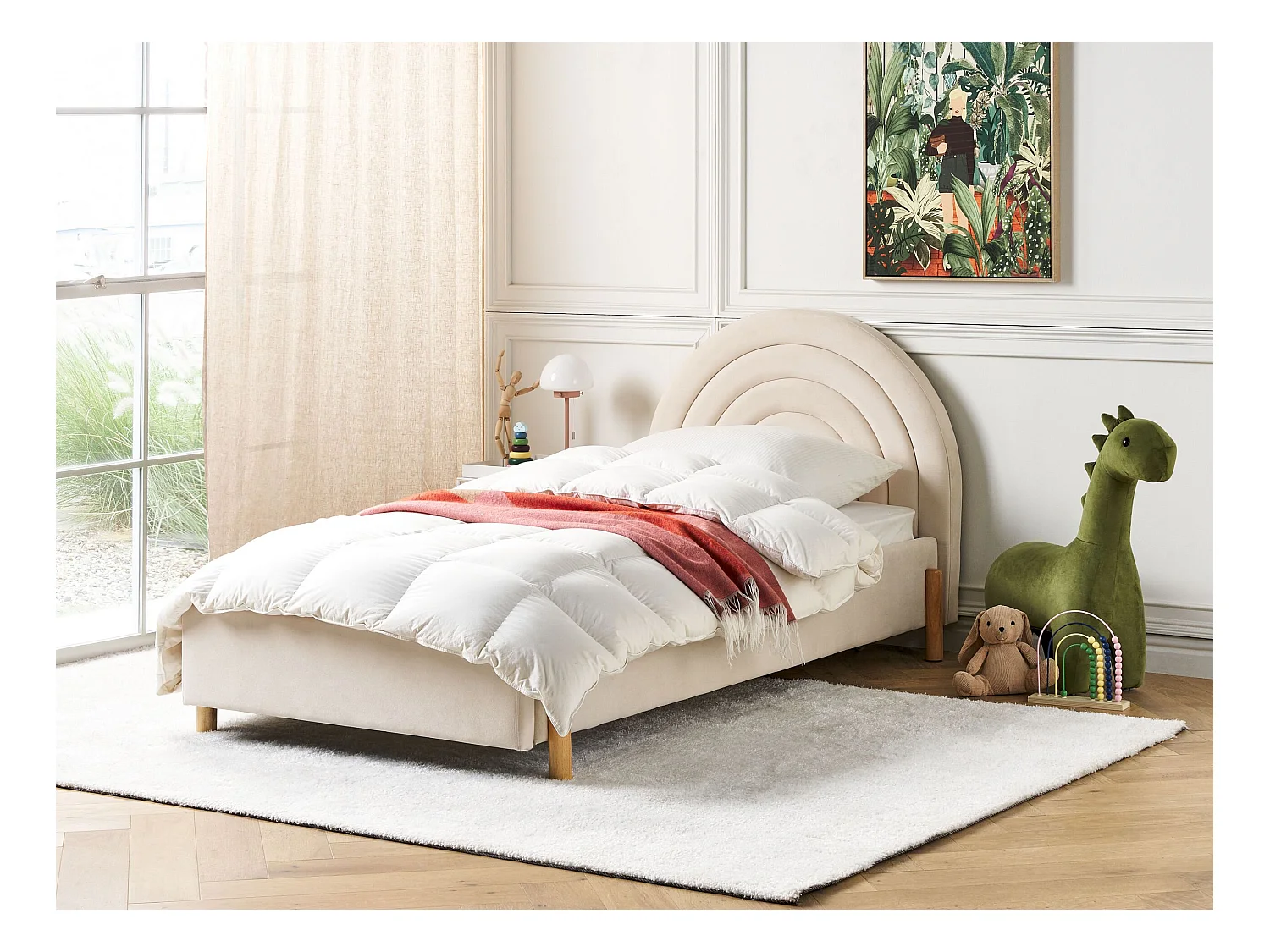 Bett Samt beige mit Lattenrost 90 x 200 cm rundes Kopfteil Retro Anet