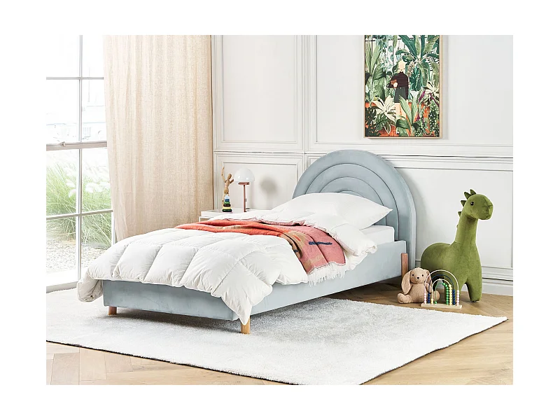 Bett Samt blau mit Lattenrost 90 x 200 cm rundes Kopfteil Retro Anet