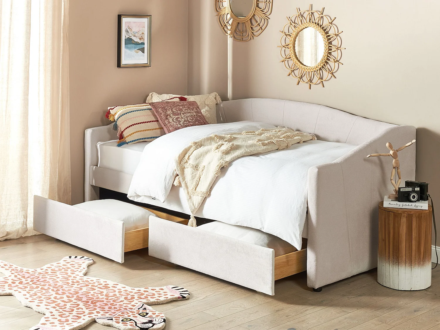 Tagesbett mit Stauraum Stoff VITTEL 90 x 200 cm Hellbeige