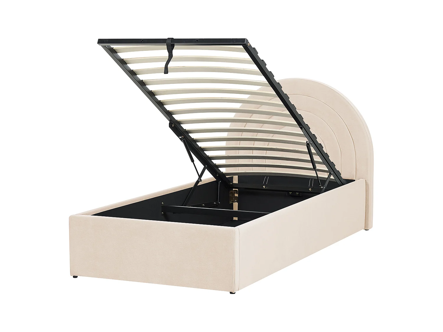 Bett Samt beige mit Bettkasten Lattenrost 90 x 200 cm rundes Kopfteil Retro Anet