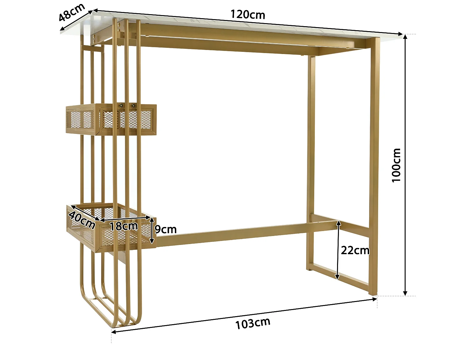 Table de bar 120cm avec rangement - structure métallique - style contemporain - Doré