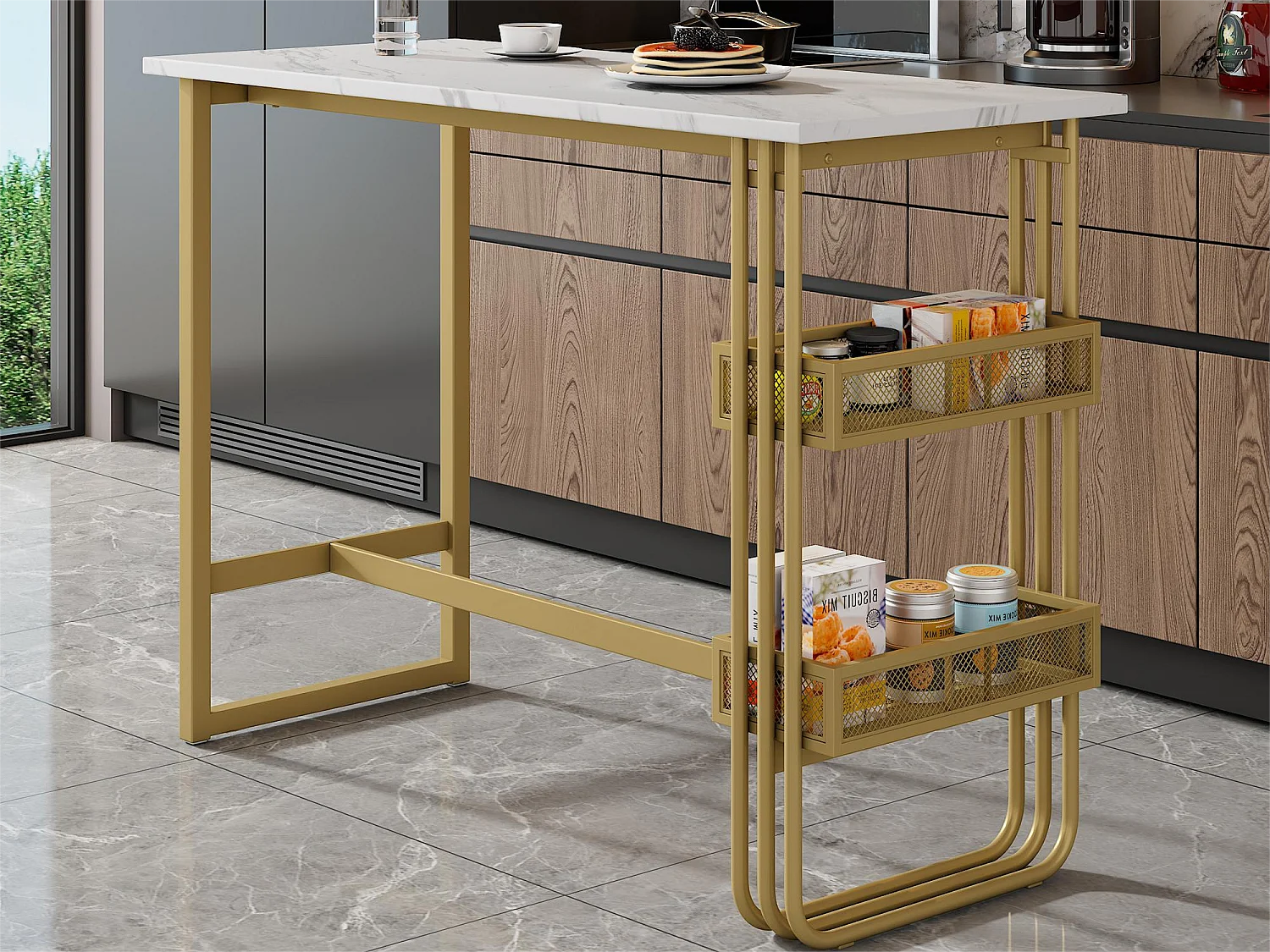 Table de bar 120cm avec rangement - structure métallique - style contemporain - Doré