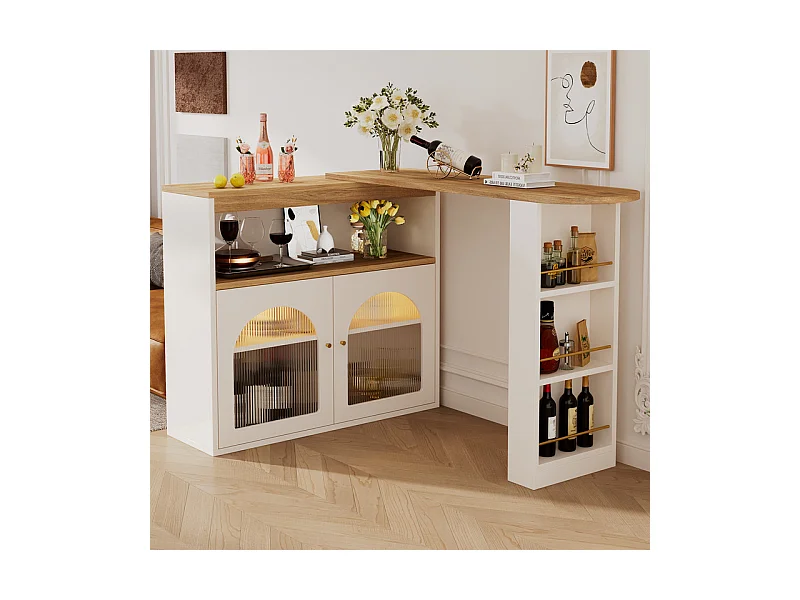 Aparador, Mueble bar giratorio y retráctil con LED - gran espacio de almacenamiento - estilo contemporáneo - Blanco