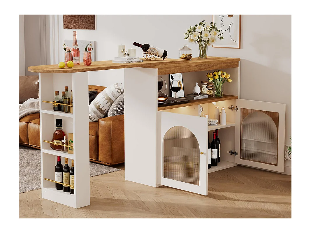 Buffet、Meuble de bar pivotant et escamotable avec LED - grand espace de rangement - style contemporain - Blanc