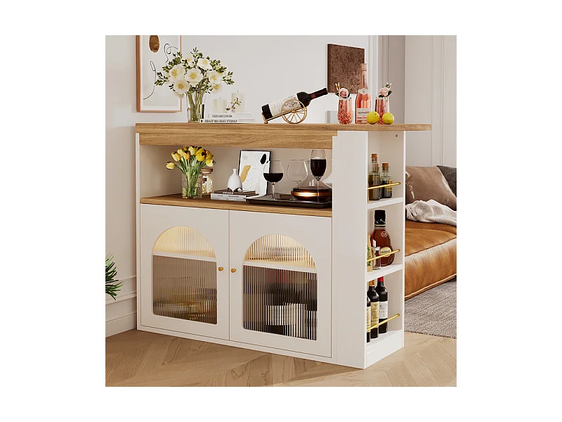 Buffet、Meuble de bar pivotant et escamotable avec LED - grand espace de rangement - style contemporain - Blanc