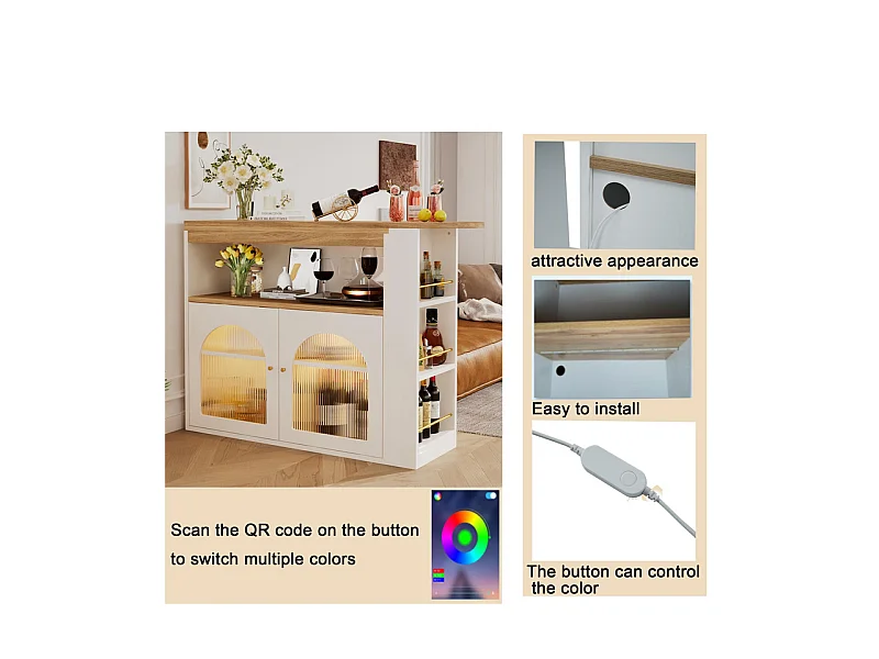 Buffet、Meuble de bar pivotant et escamotable avec LED - grand espace de rangement - style contemporain - Blanc