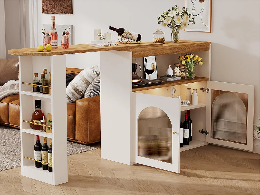 Buffet、Meuble de bar pivotant et escamotable avec LED - grand espace de rangement - style contemporain - Blanc