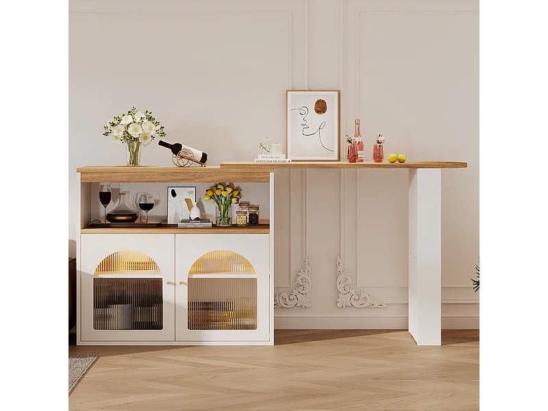 Buffet、Meuble de bar pivotant et escamotable avec LED - grand espace de rangement - style contemporain - Blanc