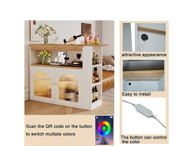 Buffet、Meuble de bar pivotant et escamotable avec LED - grand espace de rangement - style contemporain - Blanc