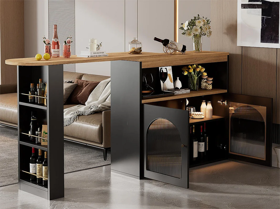 Credenza, mobile bar girevole e retrattile con LED - ampio spazio di archiviazione - stile contemporaneo - Nero