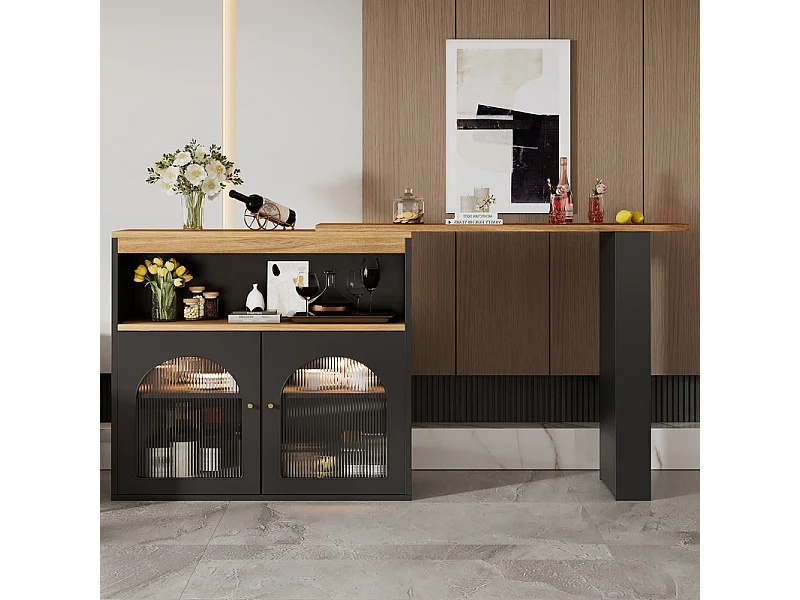 Credenza, mobile bar girevole e retrattile con LED - ampio spazio di archiviazione - stile contemporaneo - Nero