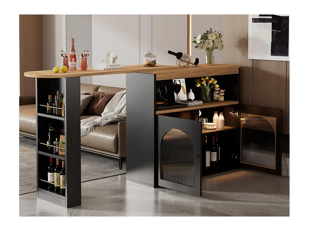 Buffet、Meuble de bar pivotant et escamotable avec LED - grand espace de rangement - style contemporain - Noir