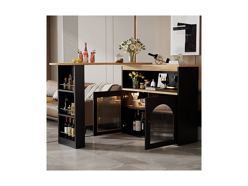 Dressoir、Draaibare en uitschuifbare barkast met LED - grote opbergruimte - eigentijdse stijl - Zwart