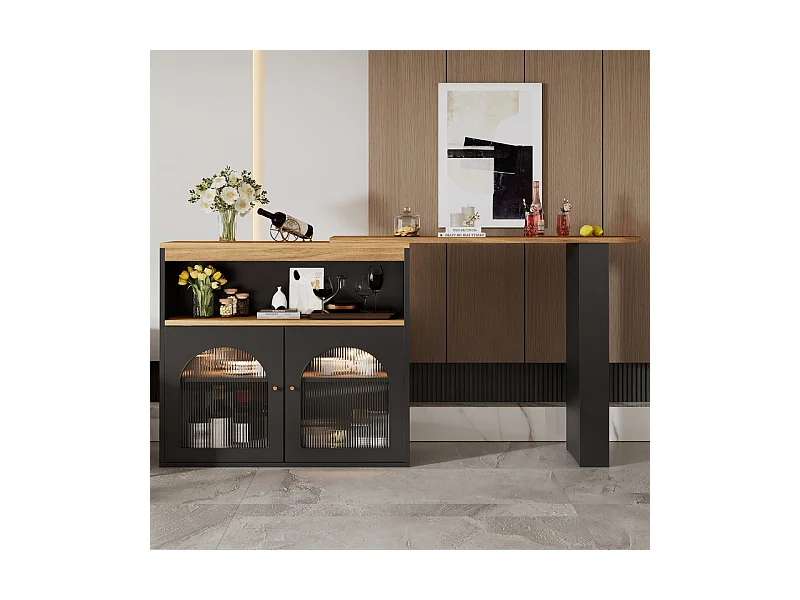 Dressoir、Draaibare en uitschuifbare barkast met LED - grote opbergruimte - eigentijdse stijl - Zwart