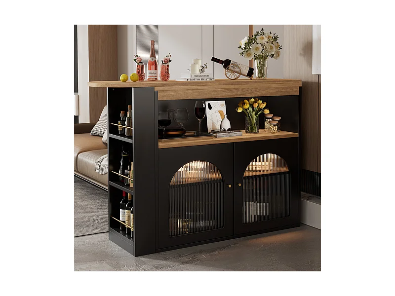 Dressoir、Draaibare en uitschuifbare barkast met LED - grote opbergruimte - eigentijdse stijl - Zwart