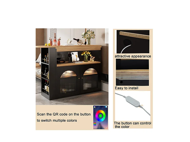 Dressoir、Draaibare en uitschuifbare barkast met LED - grote opbergruimte - eigentijdse stijl - Zwart