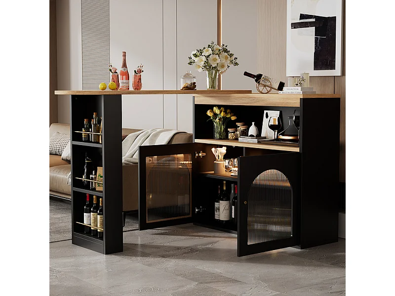 Büfett、Barmöbel schwenk- und versenkbar mit LED – großer Stauraum – moderner Stil – Schwarz