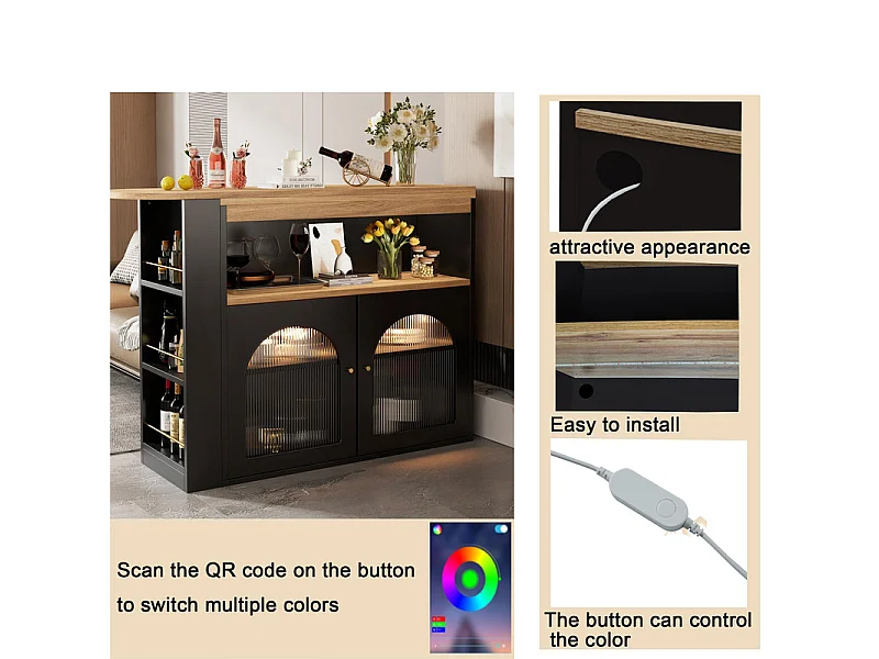 Büfett、Barmöbel schwenk- und versenkbar mit LED – großer Stauraum – moderner Stil – Schwarz