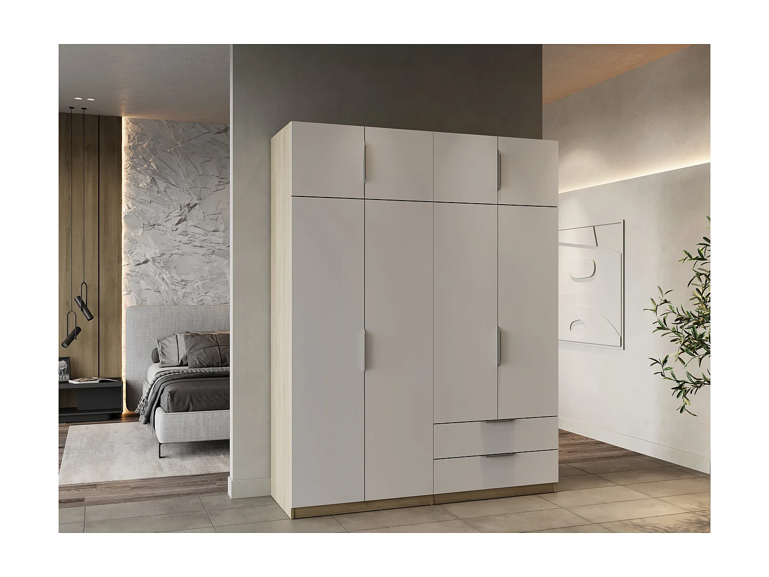 Roupeiro AMBIHOME SHADE 14 - Branco/Carvalho, C157xP51xA203cm