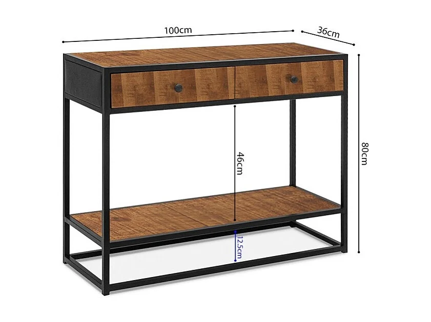 Console salon MADEIRO – Bois massif exotique et métal noir – 2 plateaux de rangement