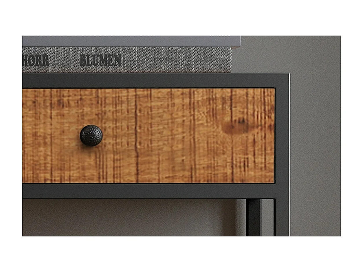 Console salon MADEIRO – Bois massif exotique et métal noir – 2 plateaux de rangement