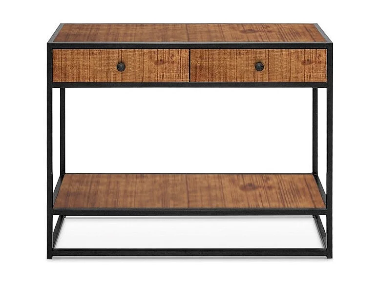 Console salon MADEIRO – Bois massif exotique et métal noir – 2 plateaux de rangement