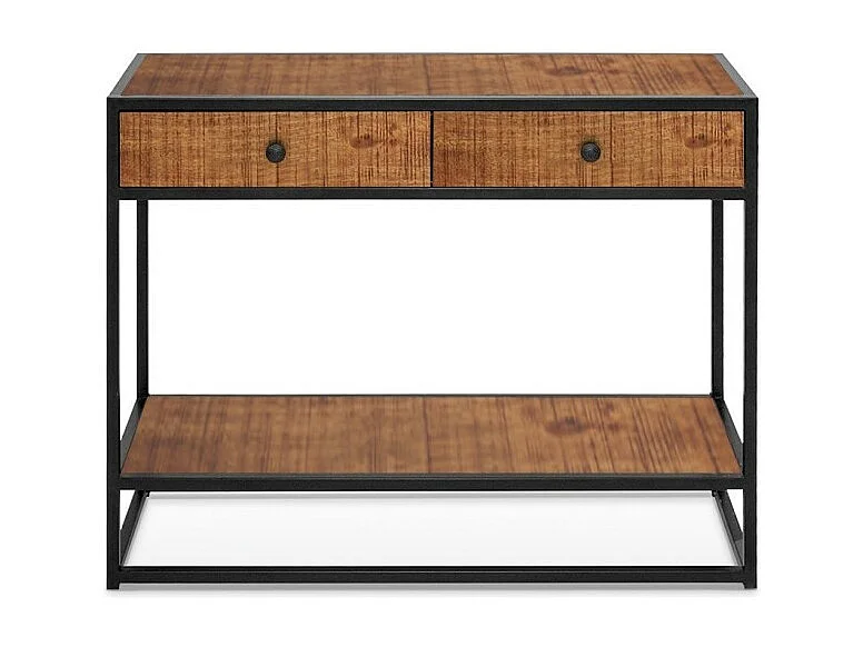 Console salon MADEIRO – Bois massif exotique et métal noir – 2 plateaux de rangement