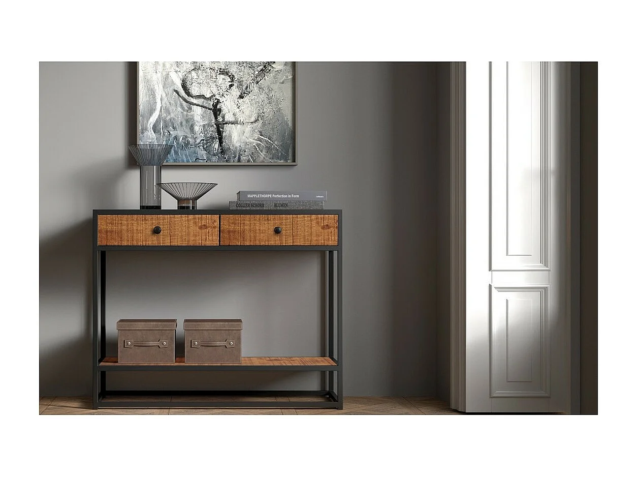 Console salon MADEIRO – Bois massif exotique et métal noir – 2 plateaux de rangement
