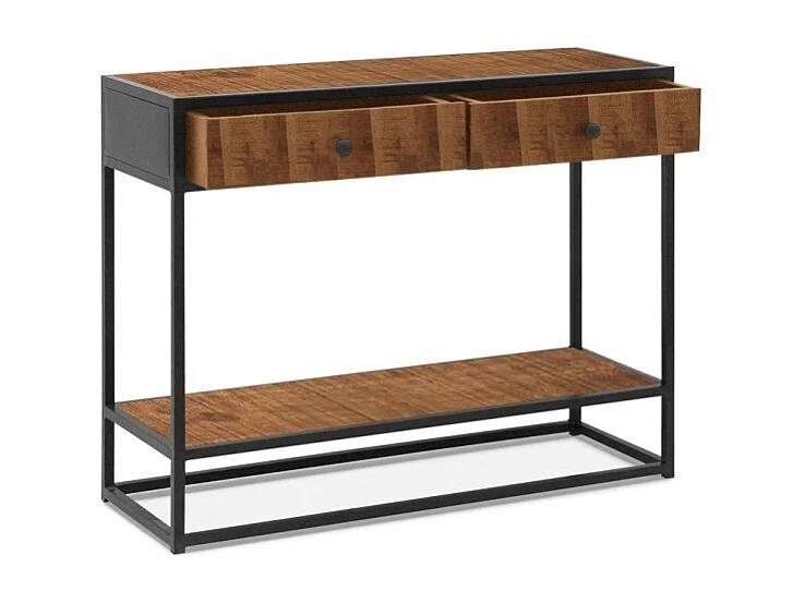 Console salon MADEIRO – Bois massif exotique et métal noir – 2 plateaux de rangement