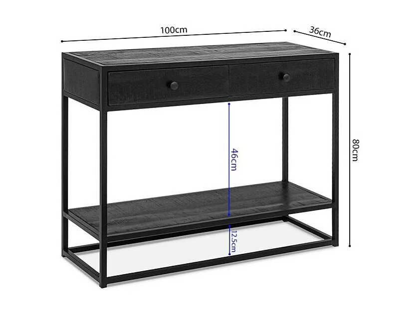 Consolle da salotto con cassetto, stile industriale, legno massiccio esotico di Mangolia nero e struttura in metallo, collezione MADEIRO