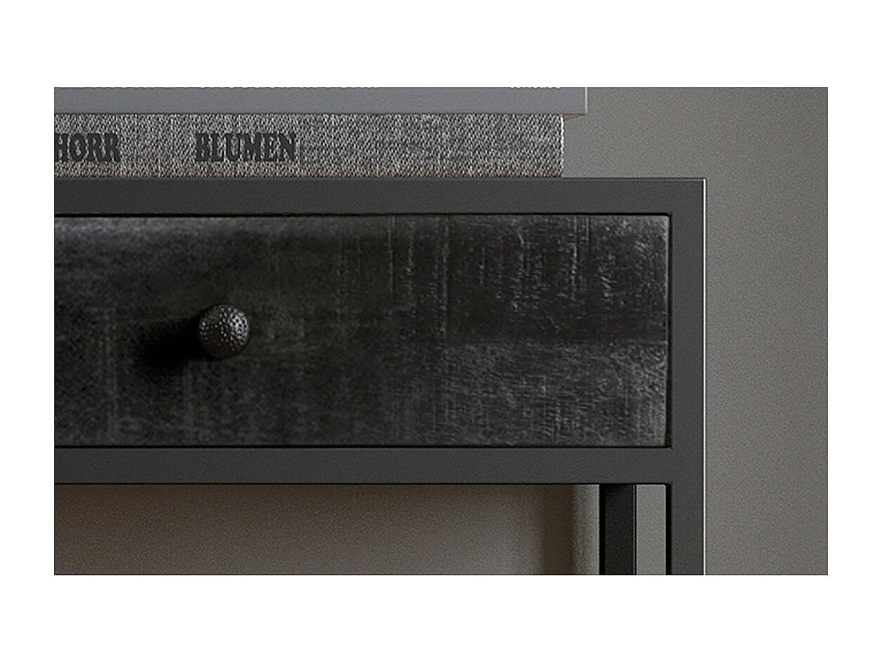 Consolle da salotto con cassetto, stile industriale, legno massiccio esotico di Mangolia nero e struttura in metallo, collezione MADEIRO