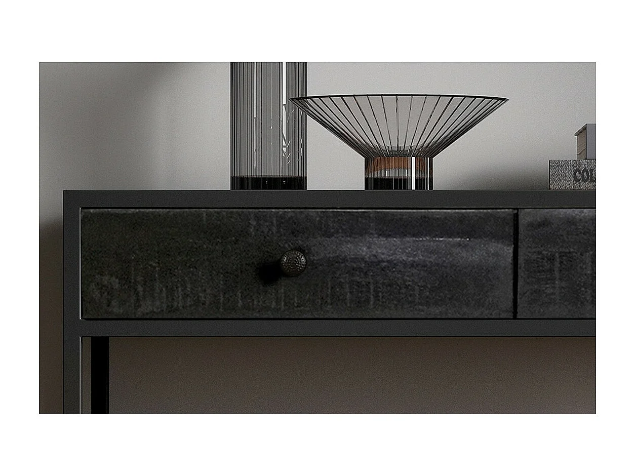Consolle da salotto con cassetto, stile industriale, legno massiccio esotico di Mangolia nero e struttura in metallo, collezione MADEIRO