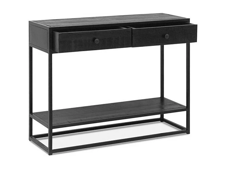 Consolle da salotto con cassetto, stile industriale, legno massiccio esotico di Mangolia nero e struttura in metallo, collezione MADEIRO