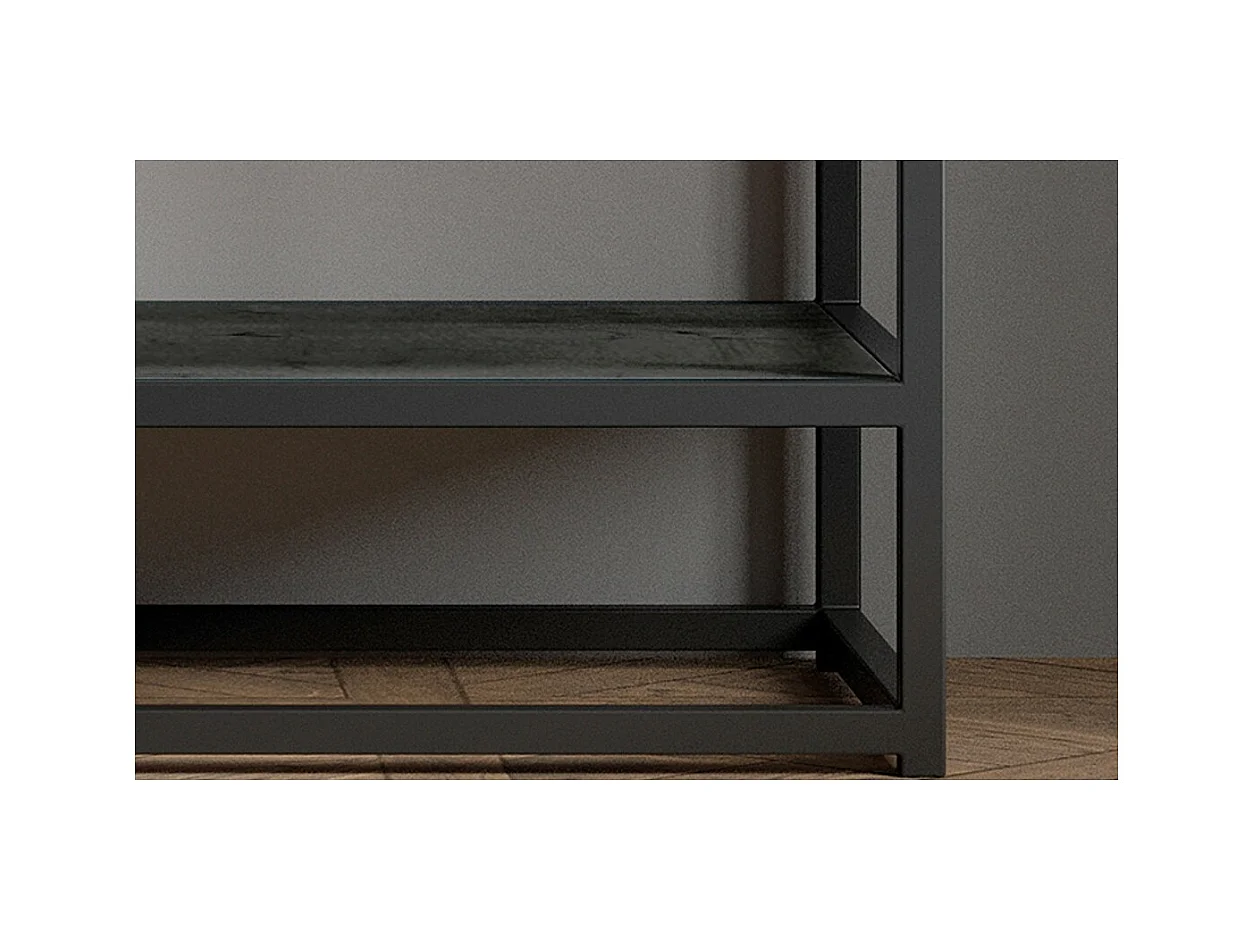 Console salon MADEIRO – Bois massif exotique noir et métal – 2 plateaux de rangement