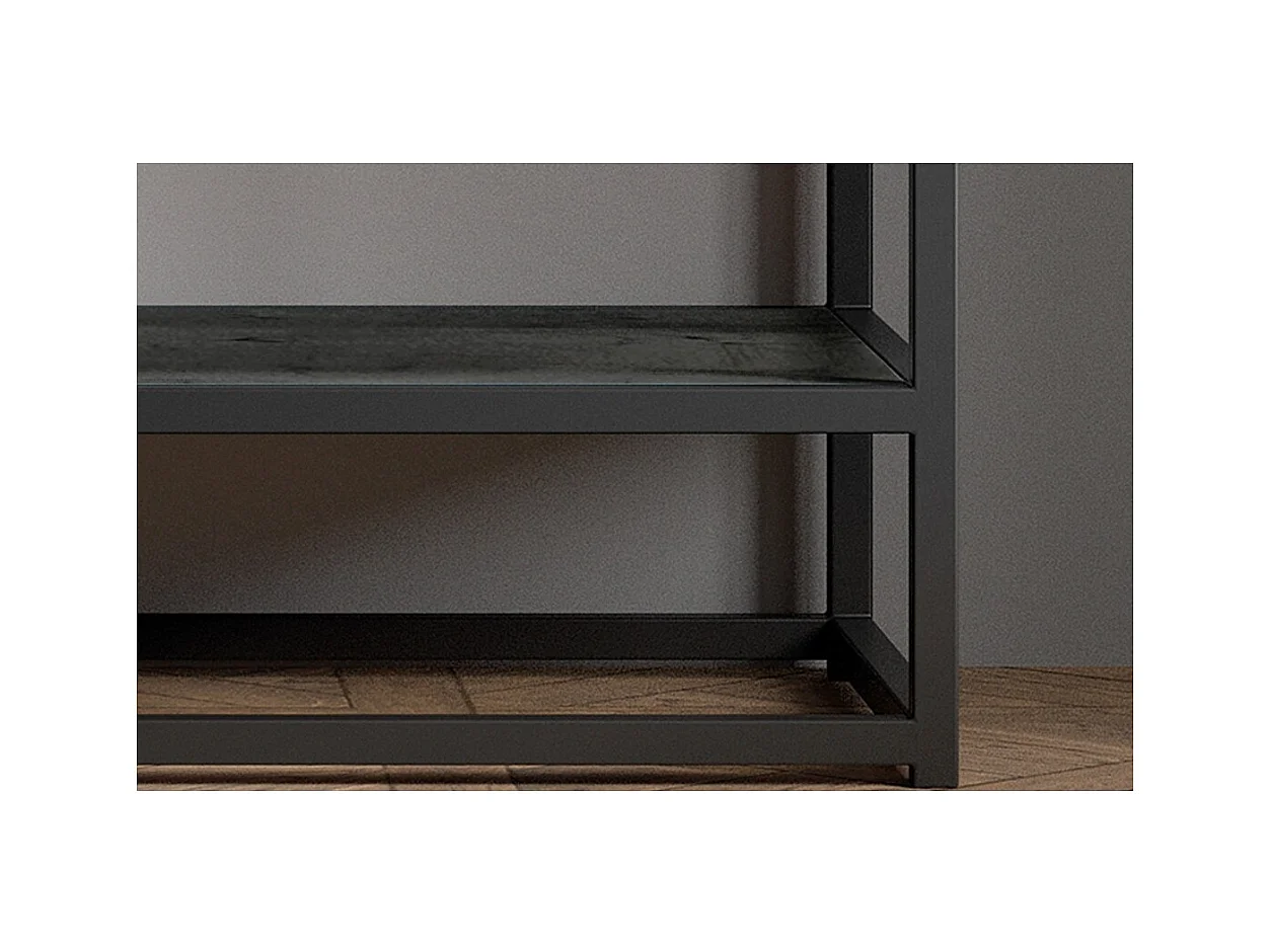Console salon MADEIRO – Bois massif exotique noir et métal – 2 plateaux de rangement