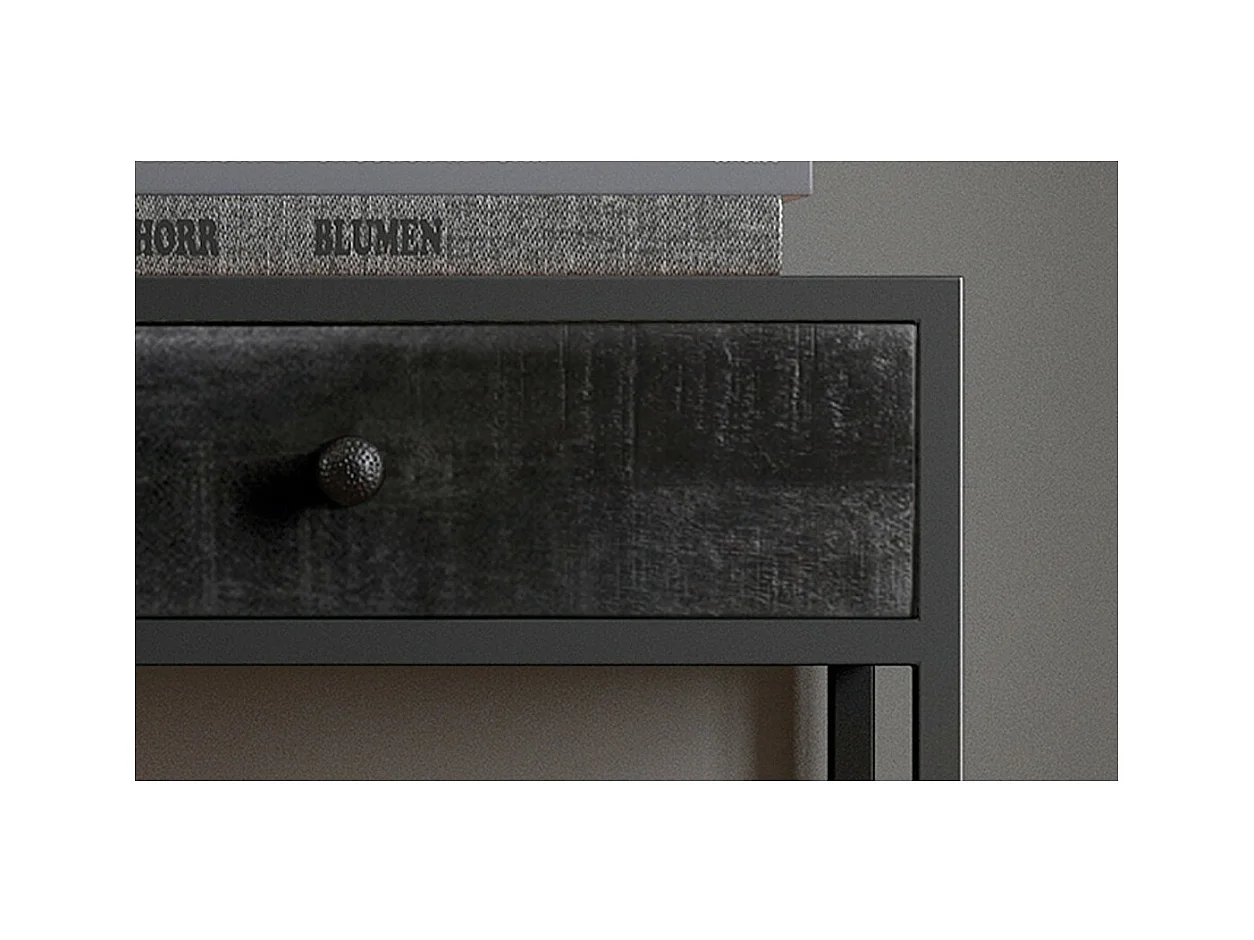 Console salon MADEIRO – Bois massif exotique noir et métal – 2 plateaux de rangement