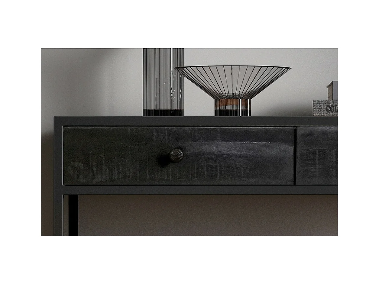 Console salon MADEIRO – Bois massif exotique noir et métal – 2 plateaux de rangement