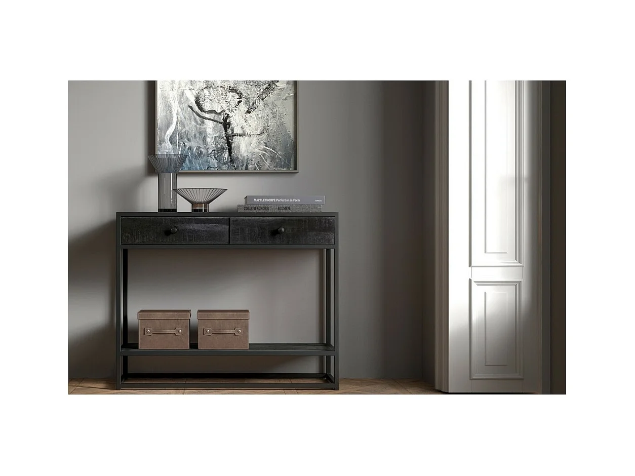 Console salon MADEIRO – Bois massif exotique noir et métal – 2 plateaux de rangement