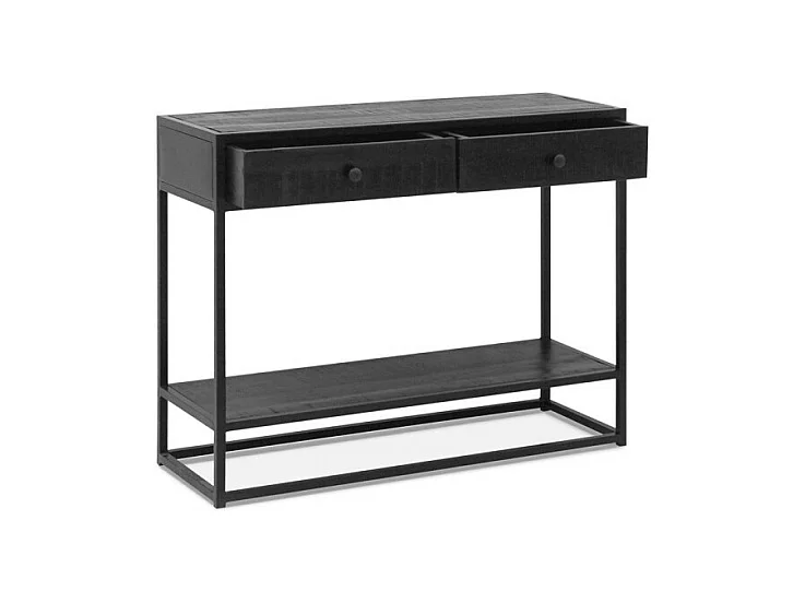 Console salon MADEIRO – Bois massif exotique noir et métal – 2 plateaux de rangement