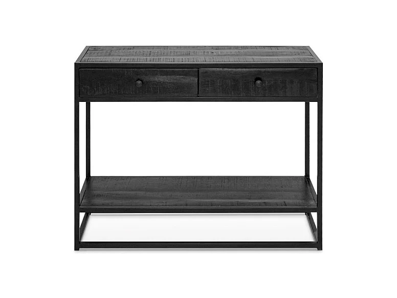 Console salon MADEIRO – Bois massif exotique noir et métal – 2 plateaux de rangement