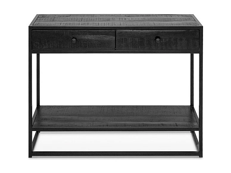 Console salon MADEIRO – Bois massif exotique noir et métal – 2 plateaux de rangement