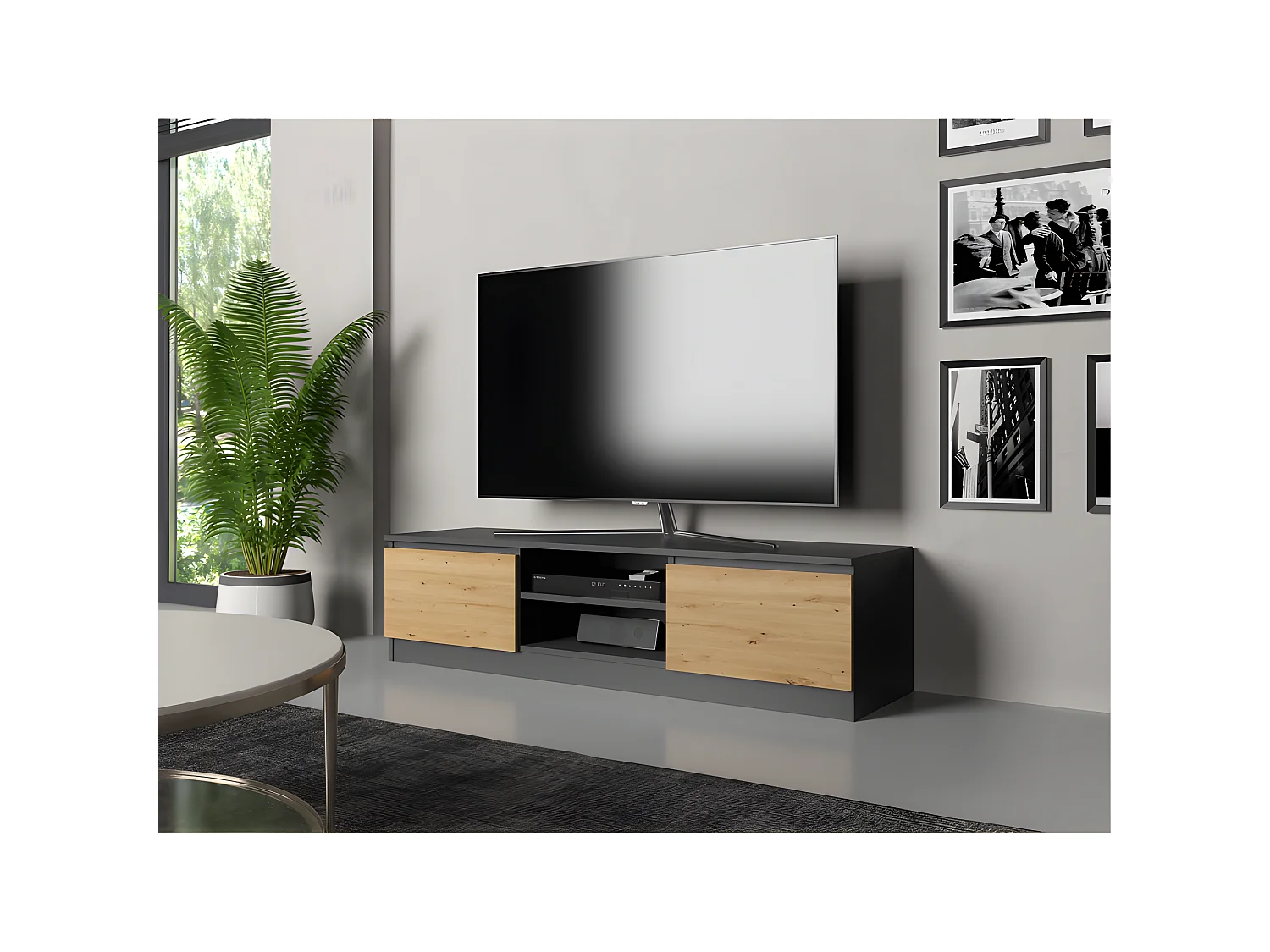 TIVOLI -  Meuble TV style moderne - 140x40x36cm - 2 niches + 2 portes - Rangement matériel télé/audio