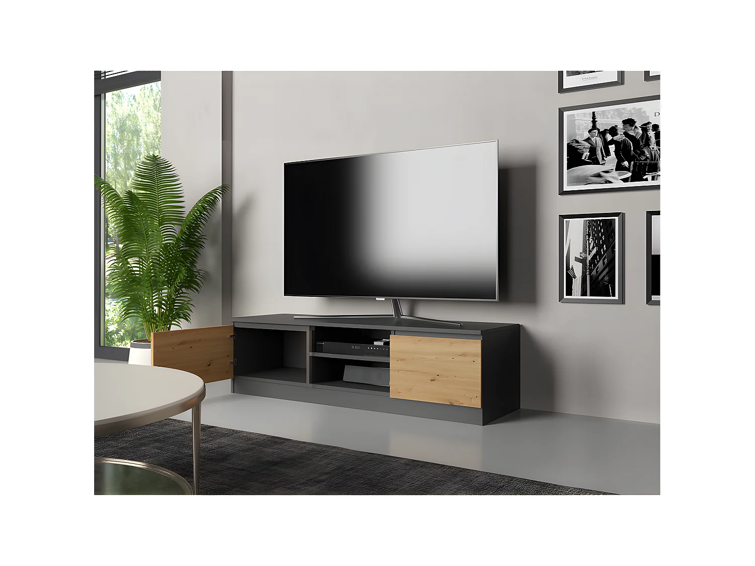 TIVOLI -  Meuble TV style moderne - 140x40x36cm - 2 niches + 2 portes - Rangement matériel télé/audio