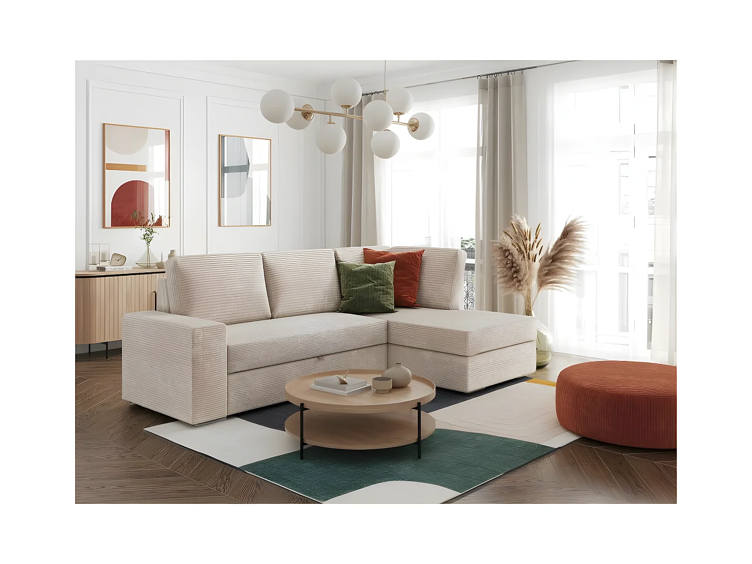 Canapé d'angle fixe ATEMIS convertible avec coffre en velours cotelé - Beige